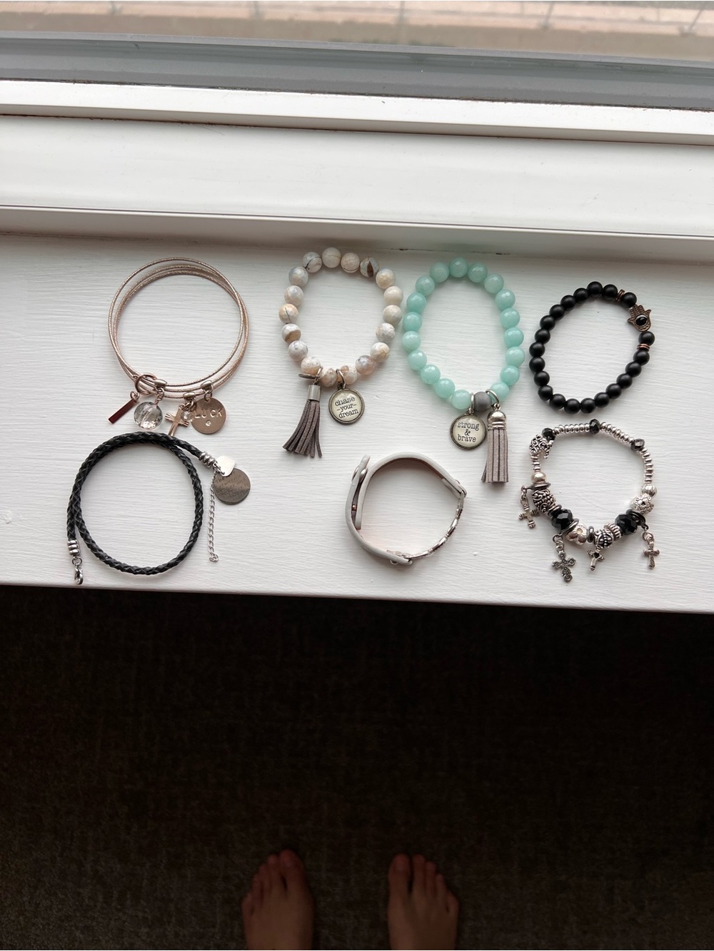 Stackable Beaded Bracelet Set in Mint, White, Black and Silver